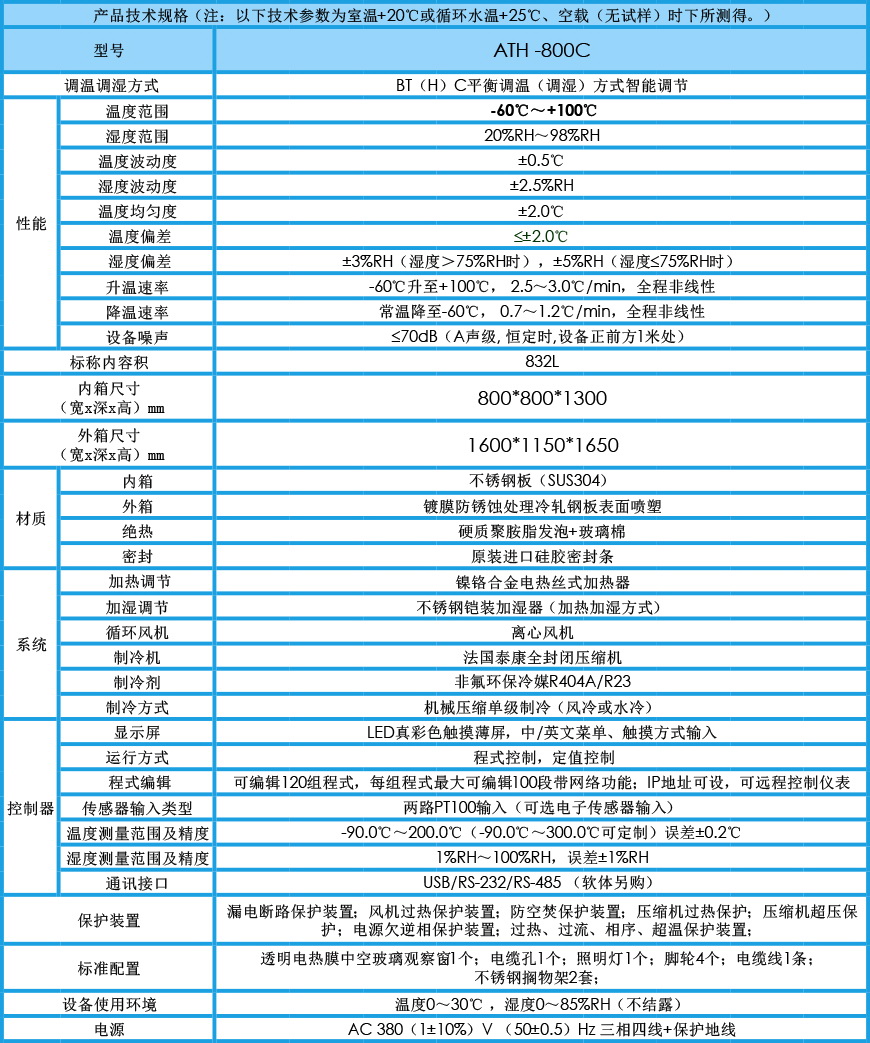 高低溫交變濕熱試驗箱 ATH-800C參數(shù)